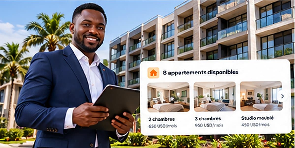 Un agent immobilier souriant devant une résidence, sa tablette en main, à côté de la liste de huit appartements disponibles : 2 chambres à 650 USD, 3 chambres à 950 USD, studio meublé à 450 USD par mois