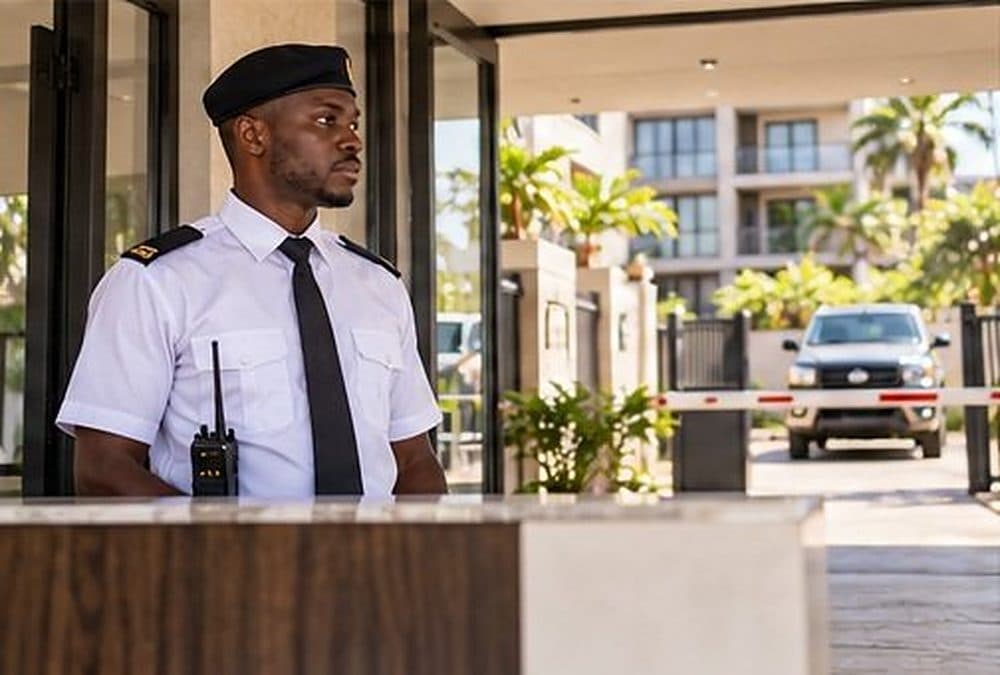 Un agent de sécurité en uniforme, au poste de garde devant l'entrée de la résidence
