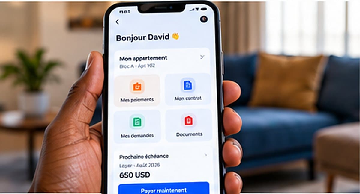 Un téléphone tenu en main affiche l’App Résidents : « Bonjour David », son appartement, ses paiements, son contrat, ses demandes, ses documents, et la prochaine échéance de 650 USD à payer