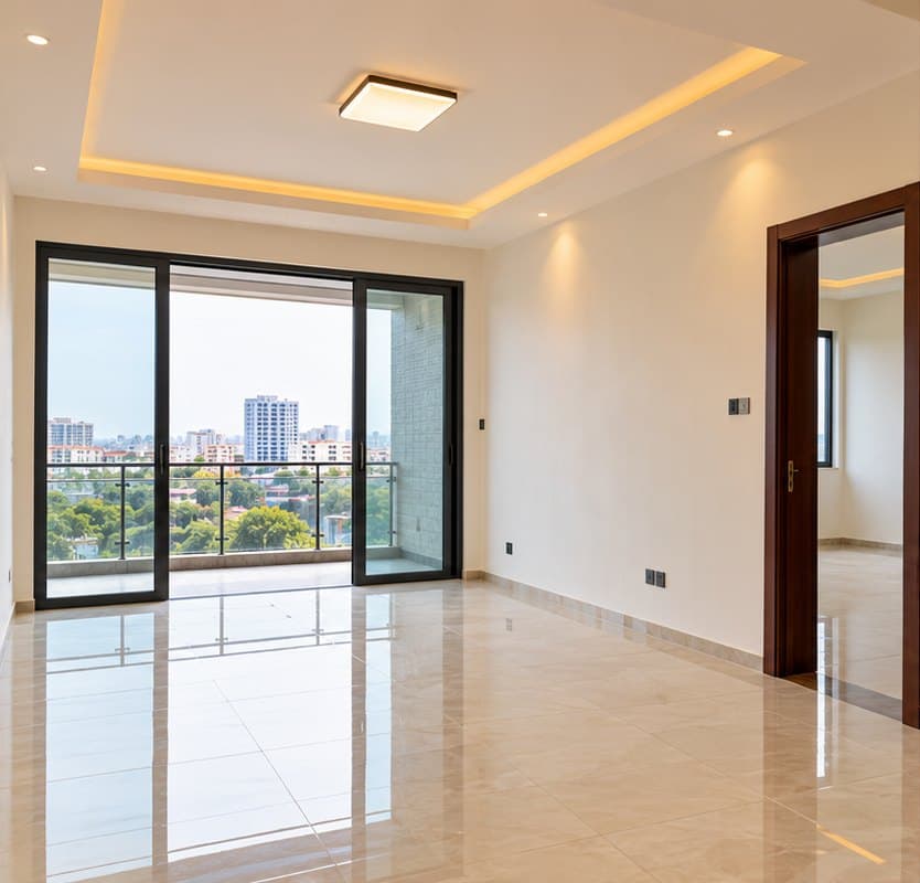 Le séjour vide d’un appartement neuf : sol en marbre, faux plafond lumineux, baie vitrée sur la ville