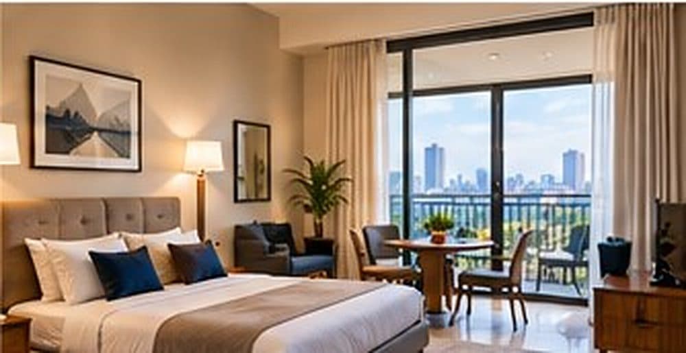 Une chambre lumineuse avec un coin repas et une baie vitrée sur la ville