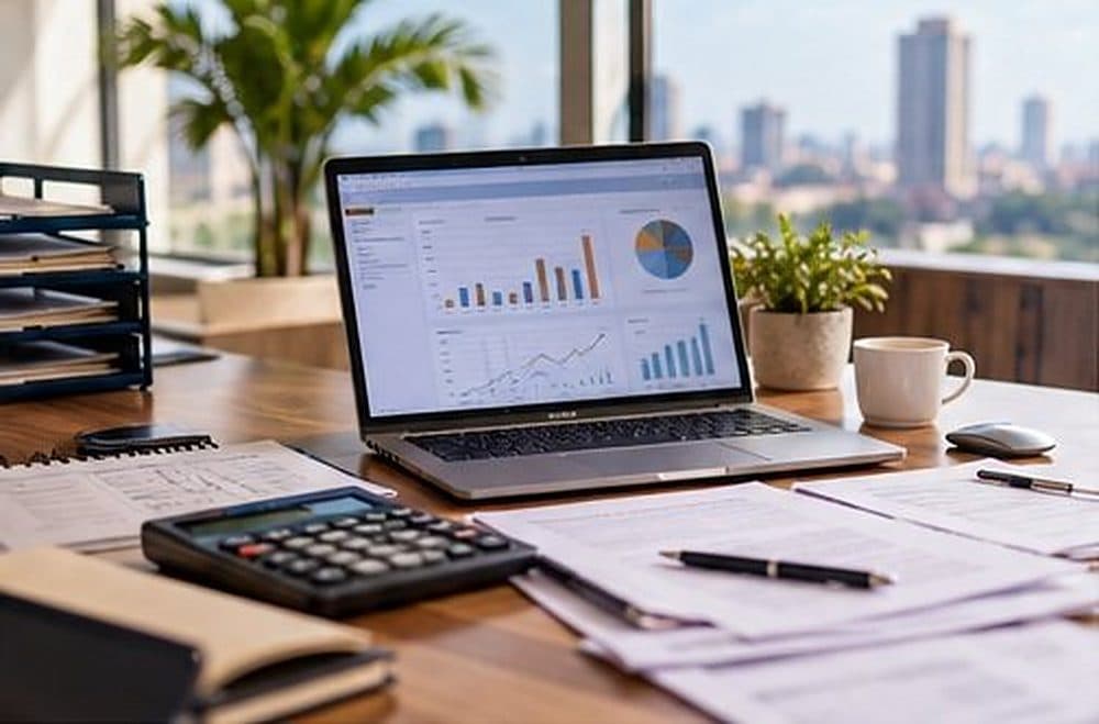 Un ordinateur portable affiche des graphiques financiers sur un bureau, à côté d’une calculatrice