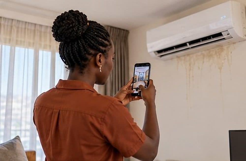 Une locataire photographie avec son téléphone une fuite sous le climatiseur