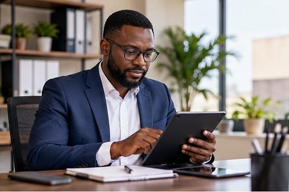 Un gestionnaire consulte son tableau de bord sur une tablette, à son bureau