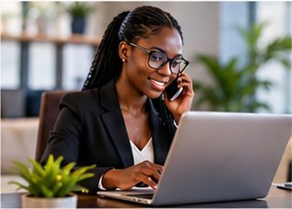 Une gestionnaire au téléphone, souriante, devant son ordinateur