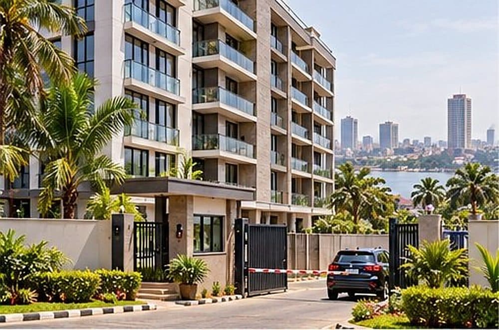 La façade d'un immeuble à balcons vitrés, son portail et sa barrière