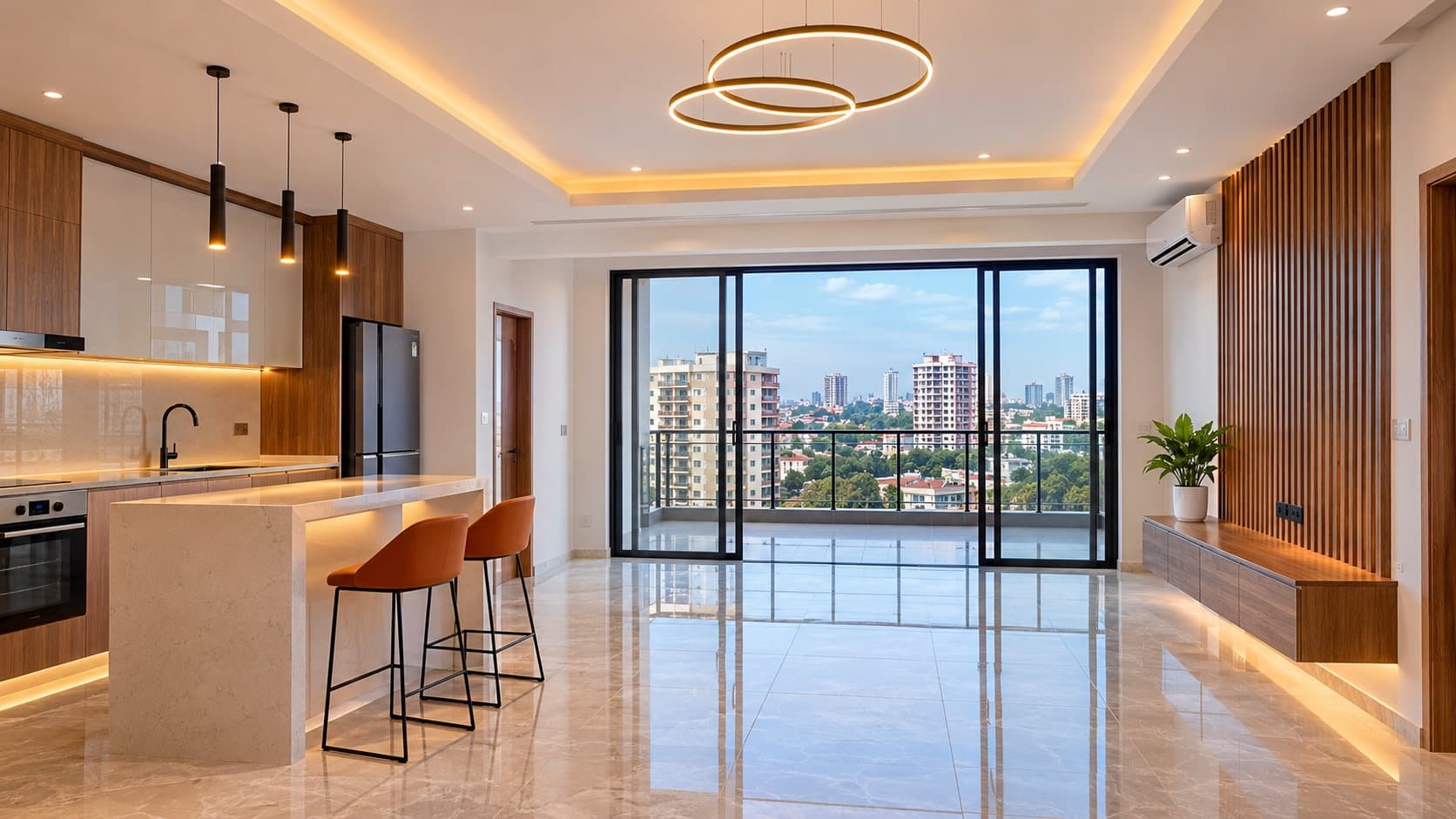 Un appartement neuf : cuisine ouverte en bois et marbre, îlot avec deux tabourets orange, sol en marbre, éclairage indirect, et une grande baie vitrée sur la ville