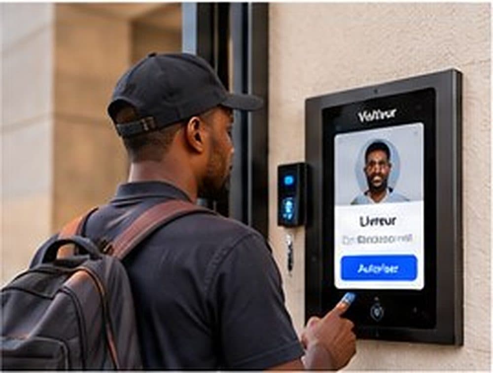 Un livreur devant l'interphone vidéo de l'immeuble, qui l'annonce aux résidents