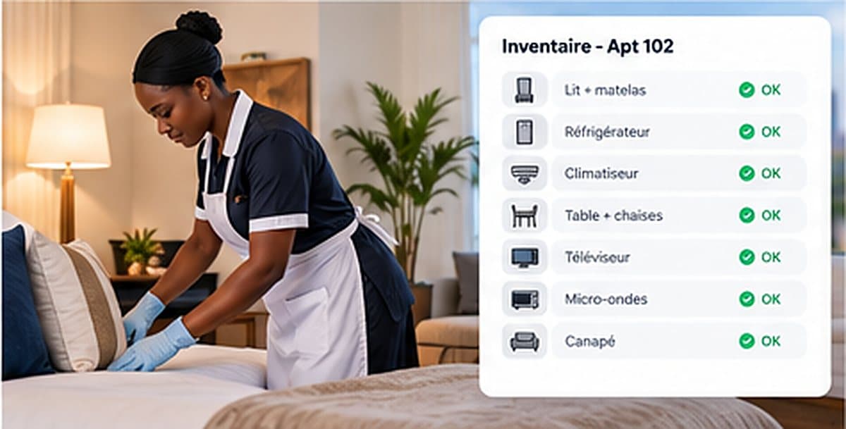 Une employée prépare un lit, à côté de l’inventaire de l’appartement 102 : lit et matelas, réfrigérateur, climatiseur, table et chaises, téléviseur, micro-ondes, canapé, tous en bon état