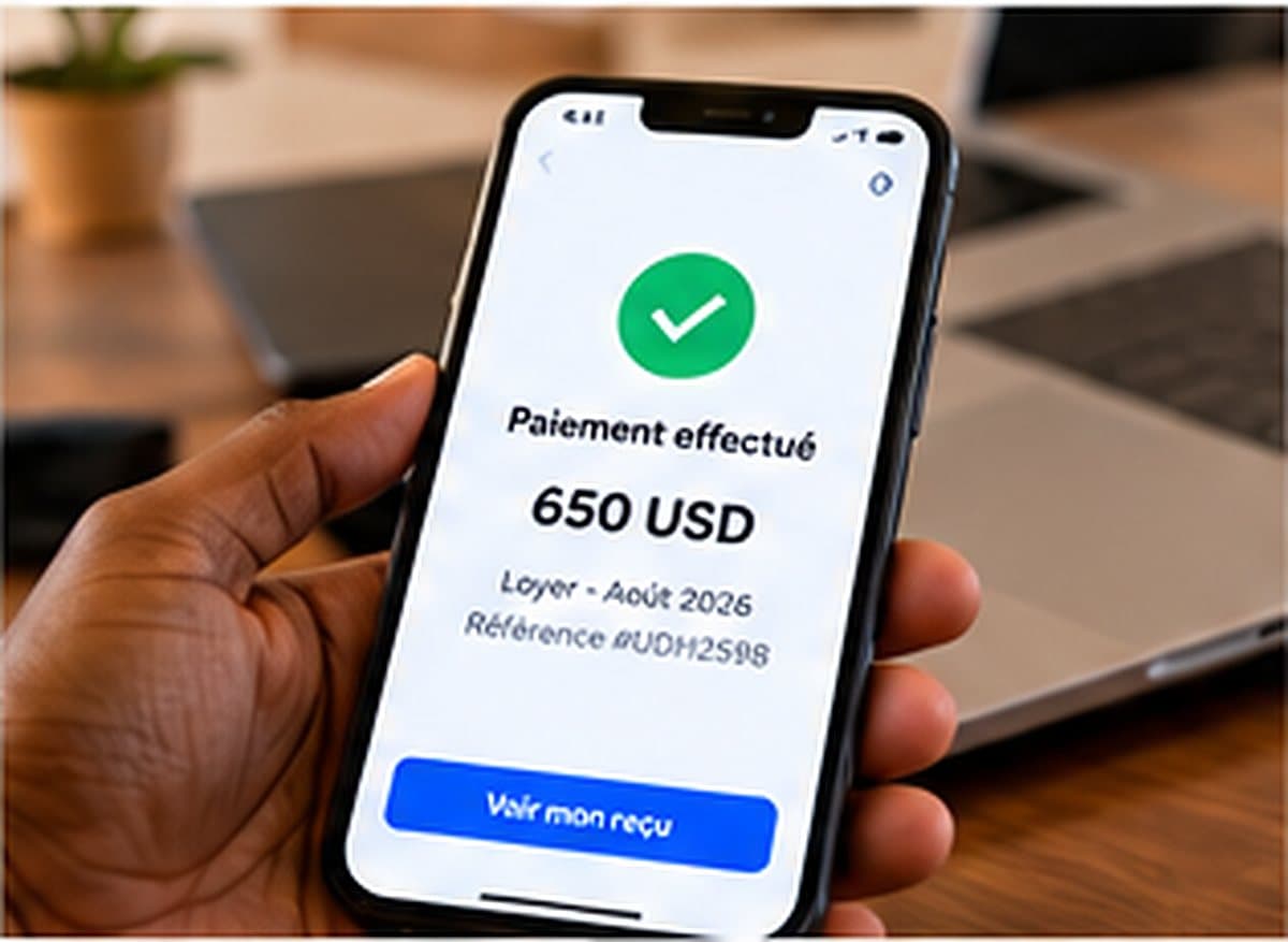 Un téléphone affiche « Paiement effectué, 650 USD, loyer d’août 2026 » avec sa référence et un bouton pour voir le reçu