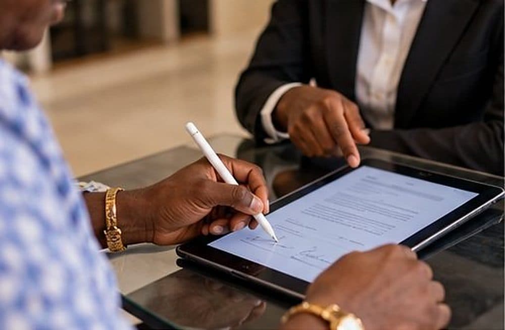 Un locataire signe son bail sur une tablette, devant le gestionnaire