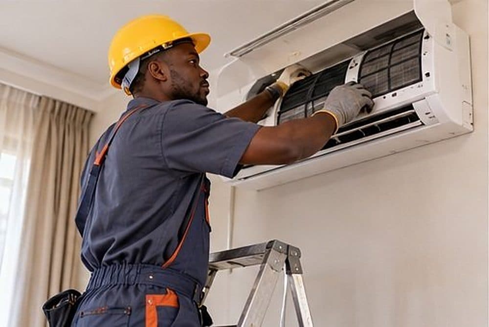 Un technicien casqué nettoie le filtre d’un climatiseur