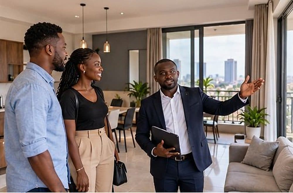Un agent fait visiter un appartement lumineux à un couple
